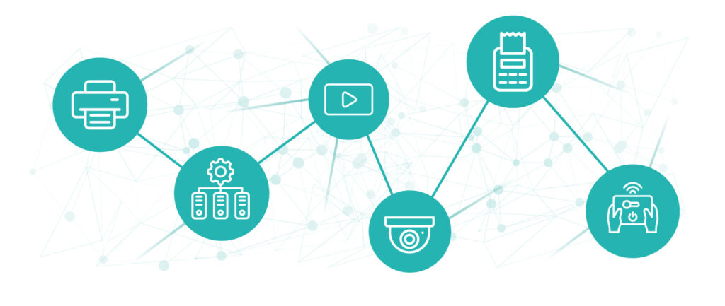 Illustration of less common endpoints such as printers, virtual machines, digital signs, and point of sale terminals.